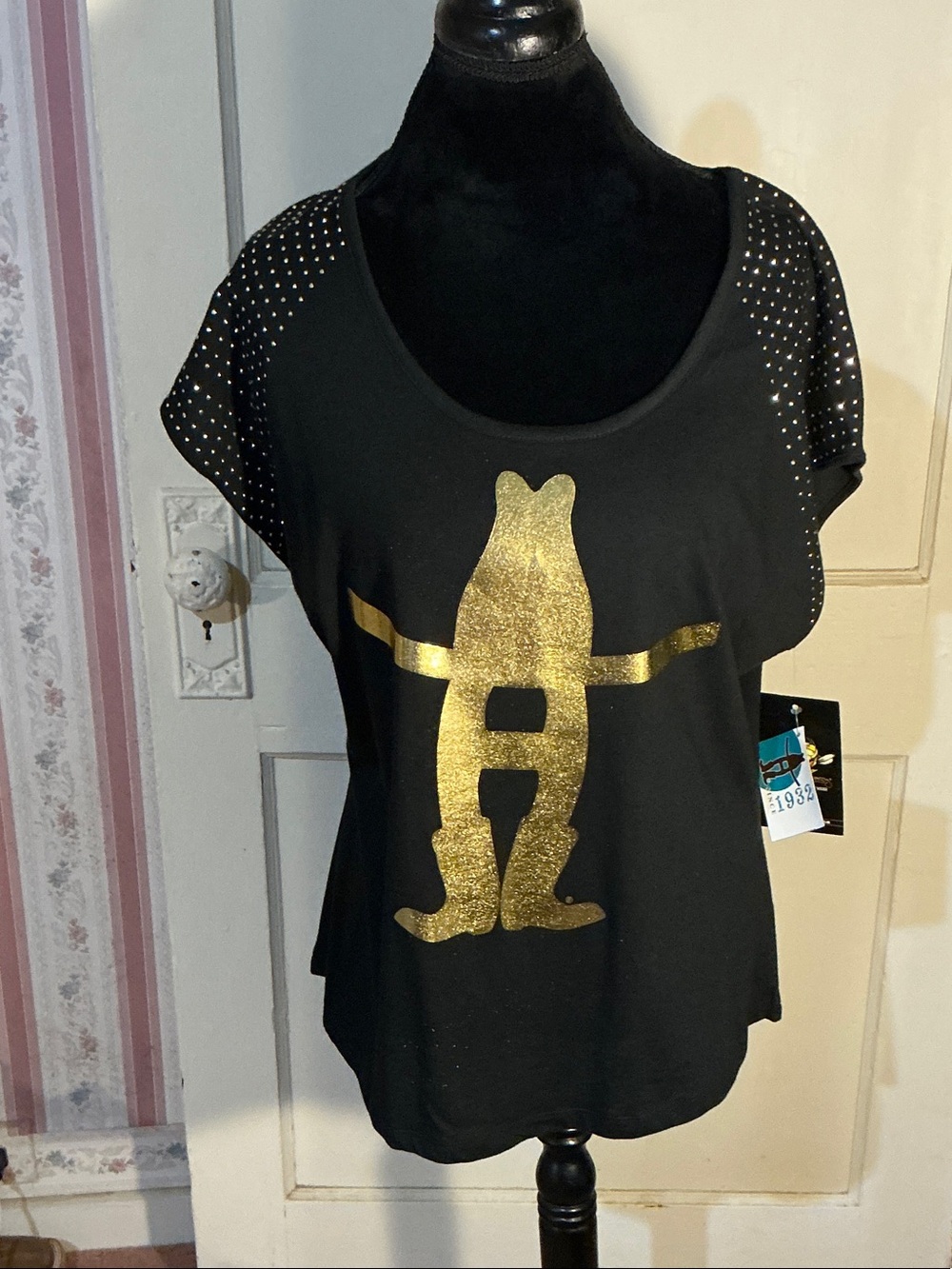 Black Short-Sleeve Tee with Gold Graphic and Studded Shoulders
